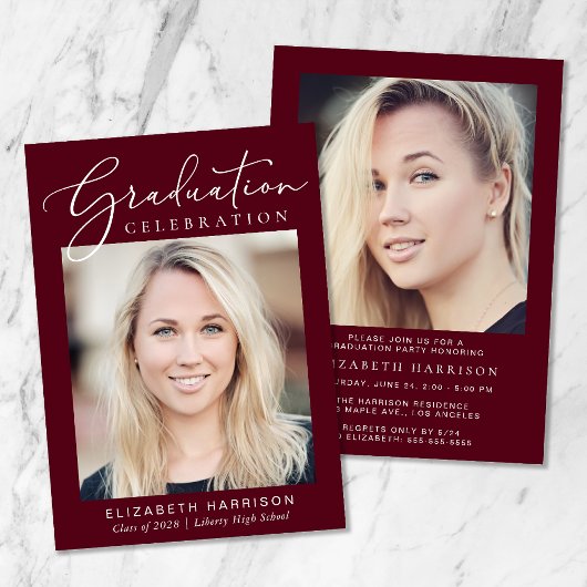 Invitation Script photo moderne Burgundy Graduation Party