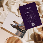 Invitation Script photo moderne prune violet QR Code Mariage