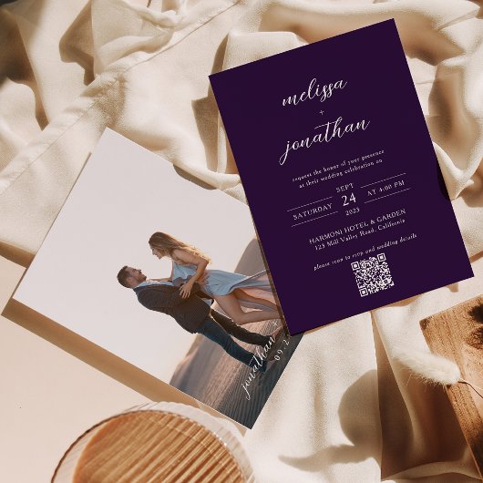 Invitation Script photo moderne prune violet QR Code Mariage