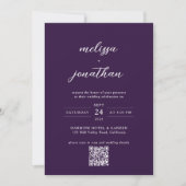 Invitation Script photo moderne prune violet QR Code Mariage (Devant)