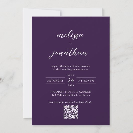 Invitation Script photo moderne prune violet QR Code Mariage (Devant)