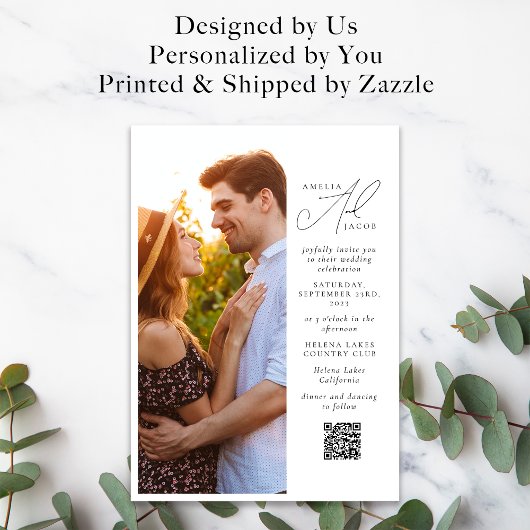 Invitation Script photo moderne QR Code Mariage