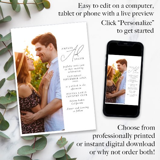 Invitation Script photo moderne QR Code tout en un Mariage
