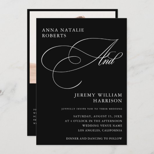 Invitation Script photo noir et blanc et Mariage de code QR (Devant / Derrière)