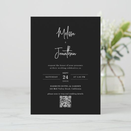 Invitation Script photo noir minimal classique Mariage de cod (Debout devant)