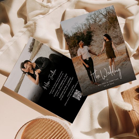Invitation Script photo noir minimaliste QR Code Mariage