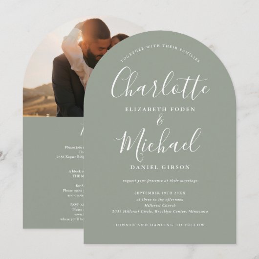 Invitation Script photo tout-en-un Mariage Arche de Sage Vert (Devant / Derrière)