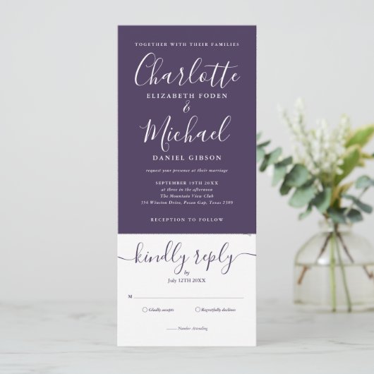 Invitation Script Purple Élégant Tout En Un Mariage (Debout devant)