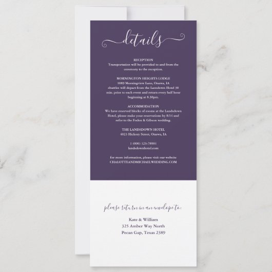 Invitation Script Purple Élégant Tout En Un Mariage (Dos)