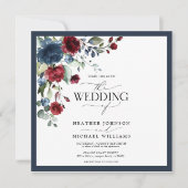 Invitation Script QRCode Marine Bleu Bourgogne Floral Aquarel (Devant)