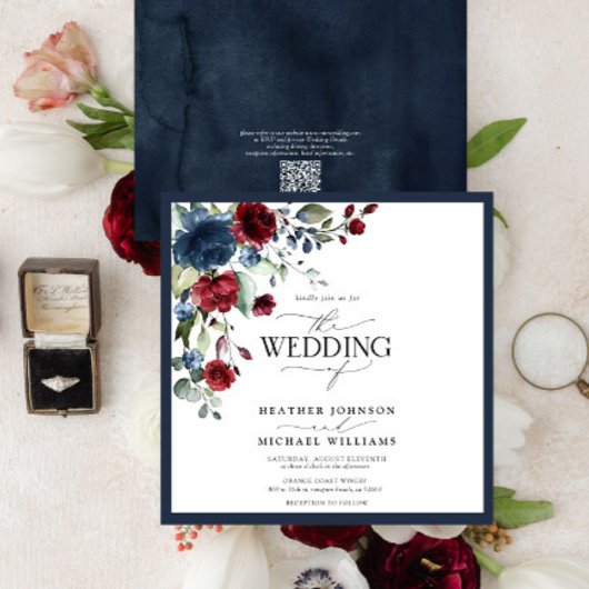Invitation Script QRCode Marine Bleu Bourgogne Floral Aquarel