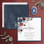 Invitation Script QRCode Marine Bleu Bourgogne Floral Aquarel