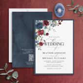 Invitation Script QRCode Marine Bleu Bourgogne Floral Aquarel