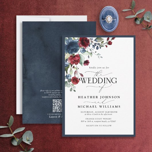 Invitation Script QRCode Marine Bleu Bourgogne Floral Aquarel