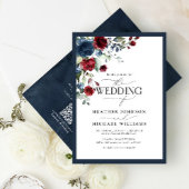 Invitation Script QRCode Marine Bleu Bourgogne Floral Aquarel