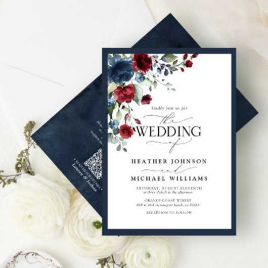 Invitation Script QRCode Marine Bleu Bourgogne Floral Aquarel