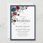 Invitation Script QRCode Marine Bleu Bourgogne Floral Aquarel (Devant)