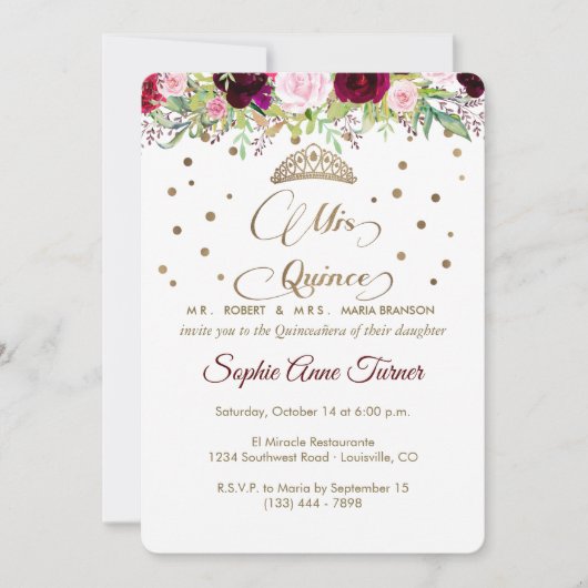 Invitation Script Quince Royal Burgundy Gold Mis Quinceañera (Devant)