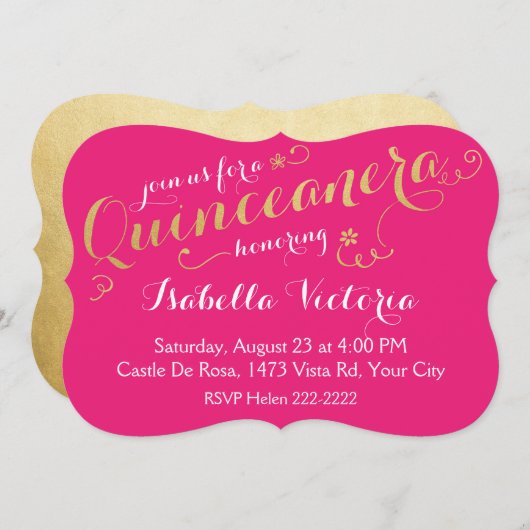 Invitation Script Quinceanera rose et or (Devant / Derrière)