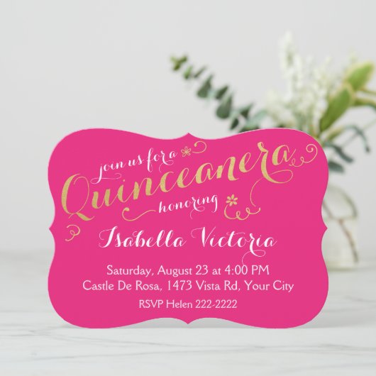 Invitation Script Quinceanera rose et or (Debout devant)
