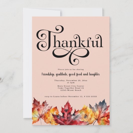 Invitation Script reconnaissant Feuilles aquarelle Rouge fard (Devant)