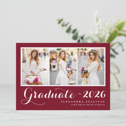 Invitation Script Red Trois photo Collage Graduation (Debout devant)