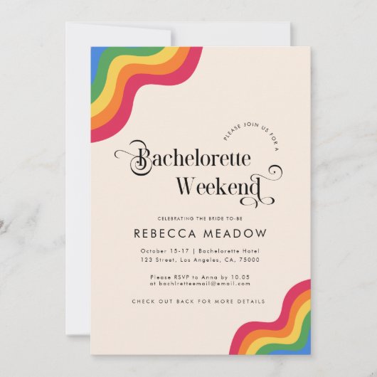 Invitation Script rétro et arc-en-ciel fête de bachelorette c (Devant)