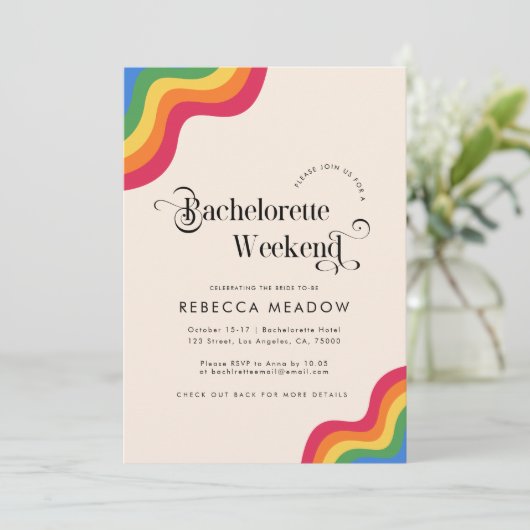 Invitation Script rétro et arc-en-ciel fête de bachelorette c (Debout devant)