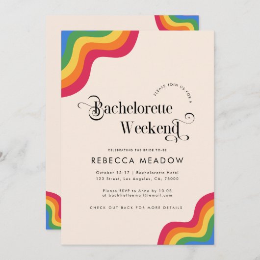 Invitation Script rétro et arc-en-ciel fête de bachelorette c (Devant / Derrière)