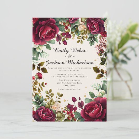 Invitation Script romantique Bourgogne Floral Mariage (Debout devant)