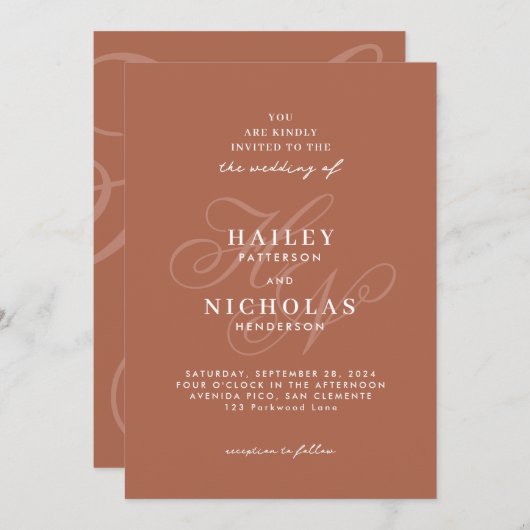 Invitation Script romantique Monogram Terracotta Mariage (Devant / Derrière)