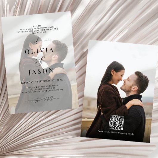 Invitation Script romantique noir blanc photo QR Code Mariage