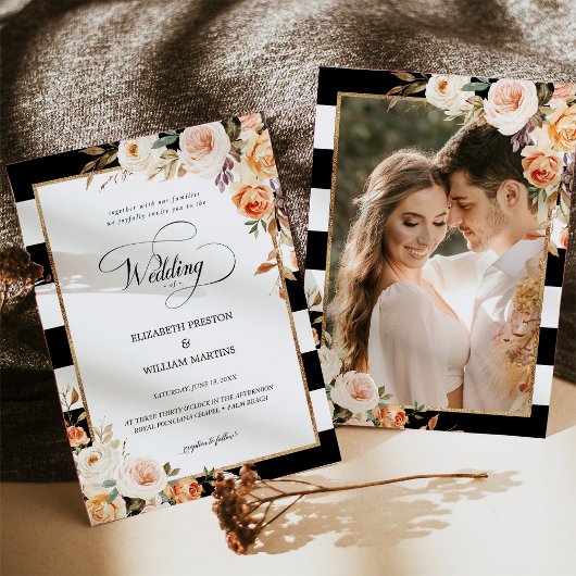 Invitation Script romantique Terracotta Floral Photo Mariage