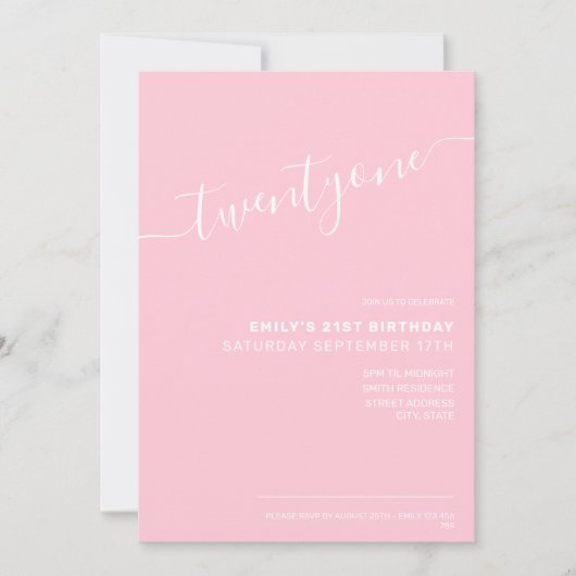 Invitation Script rose élégant moderne 21e anniversaire (Devant)
