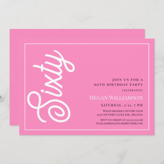 Invitation Script rose et blanc moderne 60e anniversaire (Devant / Derrière)