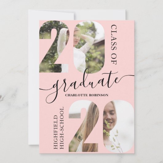 Invitation Script rose moderne 5 photos 2020 graduation (Devant)