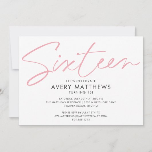 Invitation Script rose vif Moderne Doux 16 Anniversaire (Devant)