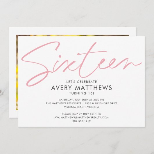 Invitation Script rose vif Moderne Doux 16 Anniversaire (Devant / Derrière)