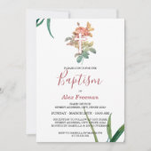 Invitation Script rose vif unique Floral Girl Baptism (Devant)