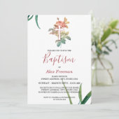 Invitation Script rose vif unique Floral Girl Baptism (Debout devant)