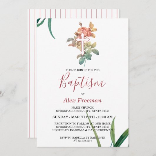 Invitation Script rose vif unique Floral Girl Baptism (Devant / Derrière)