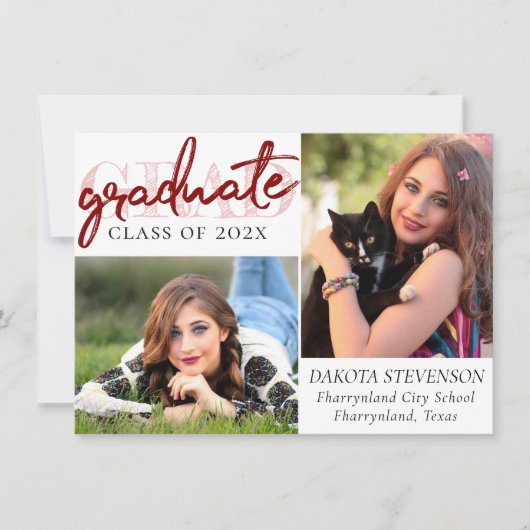 Invitation Script rouge diplômé | Crimson 2 Photo Keepsaké (Devant)