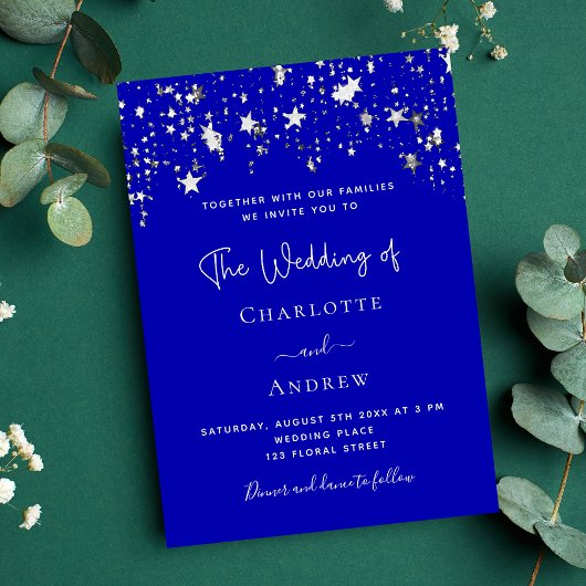 Invitation Script Royal blue silver stars mariage