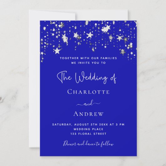 Invitation Script Royal blue silver stars mariage (Devant)