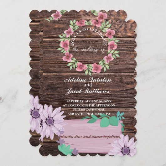 Invitation Script Rustique à fleurs en bois et mariage photo (Devant / Derrière)