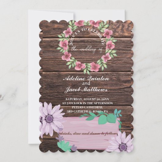Invitation Script Rustique à fleurs en bois et mariage photo (Devant)