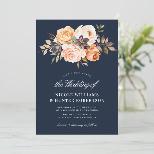 Invitation Script rustique automne floral marine bleu mariage (Debout devant)