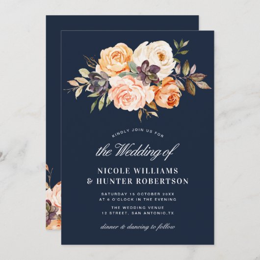 Invitation Script rustique automne floral marine bleu mariage (Devant / Derrière)