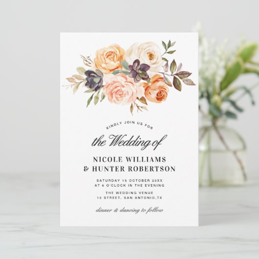 Invitation Script rustique automne mariage floral (Debout devant)