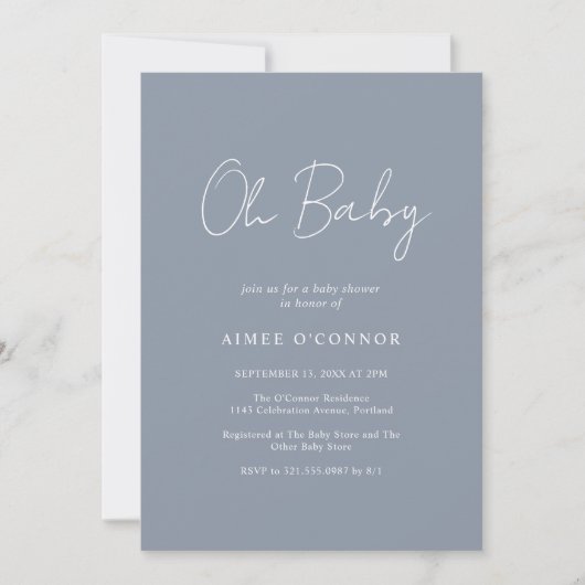Invitation Script rustique Dusty Bleu Simple Baby shower garç (Devant)